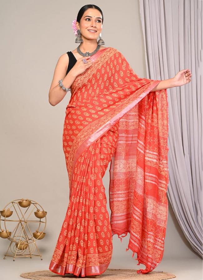 Cotton  Red Daily Wear Printed Saree